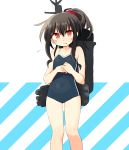  1girl alternate_hairstyle black_hair competition_school_swimsuit hatsushimo_(kantai_collection) kantai_collection long_hair machinery one-piece_swimsuit ponytail red_eyes smokestack solo swimsuit torpedo turret 