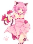  1girl :d animal_ears bare_shoulders bell blush bow cat_ears cat_tail dress gloves highres jingle_bell magical_girl mew_ichigo momomiya_ichigo open_mouth pink_dress pink_eyes pink_gloves pink_hair short_hair simple_background smile solo tail tail_bow tail_ornament tokyo_mew_mew white_background 