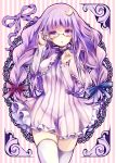  1girl adapted_costume adjusting_glasses alternate_hairstyle bespectacled braid capelet crescent_hair_ornament dress glasses hair_ornament long_hair long_sleeves looking_at_viewer no_hat open_mouth patchouli_knowledge purple_hair purple_legwear solo striped striped_background striped_dress thigh-highs thighs touhou twin_braids ukita_uuko very_long_hair violet_eyes zettai_ryouiki 