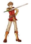  1boy belt boots brown_hair edward_(fire_emblem) fire_emblem fire_emblem:_akatsuki_no_megami full_body grey_eyes hand_on_hip highres holding holding_sword holding_weapon kita_senri knee_boots looking_at_viewer male official_art open_mouth pants short_hair simple_background solo spiky_hair standing sword weapon white_background 