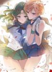  2girls arm_around_neck arm_around_waist arm_up bishoujo_senshi_sailor_moon blonde_hair blue_eyes bow brooch earrings gloves green_eyes green_hair holding_hands interlocked_fingers jewelry kaiou_michiru magical_girl multiple_girls repi987 sailor_neptune sailor_senshi sailor_uranus school_uniform serafuku shirt short_hair skirt ten&#039;ou_haruka tiara white_gloves yuri 