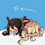  2girls black_legwear brown_eyes brown_hair budget_sarashi chibi glasses headgear kantai_collection kobone lying lying_on_person multiple_girls musashi_(kantai_collection) nagato_(kantai_collection) on_stomach popsicle sarashi tan translation_request 