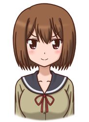  &gt;:) 1girl breasts brown_eyes collarbone female looking_at_viewer mugen_ouka school_uniform serafuku short_hair solo takamiya_nasuno teekyuu white_background 