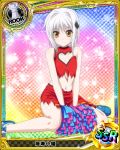  1girl artist_request blush breasts character_name cheerleader chess_piece hair_ornament hairpin heart_cutout high_school_dxd legs navel official_art pale_skin pom_poms rook_(chess) shoes short_hair silver_hair sitting skirt small_breasts solo torn_clothes toujou_koneko trading_card yellow_eyes 