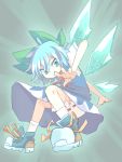  1girl bloomers blue_dress blue_eyes blue_hair bow cirno dress hair_bow ice ice_wings makuraha red_ribbon ribbon shoes short_hair short_sleeves sneakers socks solo touhou underwear wings 