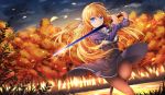  1girl autumn autumn_leaves belt blonde_hair blue_eyes evening half_updo healther highres leaf lens_flare looking_at_viewer original pantyhose skirt smile solo sunset sword weapon wind_lift 