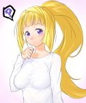  1girl ? blonde_hair blush breasts frown gundam_iron-blooded_orphans impossible_clothes impossible_shirt kudelia_aina_bernstein long_hair long_sleeves looking_at_viewer onsoku_maru ponytail shirt solo speech_bubble spoken_question_mark violet_eyes 
