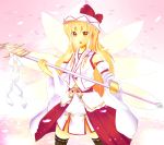 1girl :d absurdres bare_shoulders blonde_hair blush detached_sleeves embellished_costume fairy_wings gohei hat highres japanese_clothes lily_white long_hair looking_at_viewer miko nontraditional_miko open_mouth polearm q_kikuchi shide sketch smile solo spear touhou unfinished very_long_hair vest weapon wings yellow_eyes 