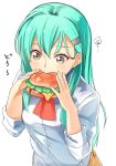  1girl aqua_hair eating food hamburger highres kantai_collection long_hair school_uniform shizuka_(deatennsi) solo suzuya_(kantai_collection) 