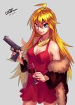  1girl 2014 ahoge artist_name blonde_hair blue_eyes coat cowboy_shot cup dated dress drinking_glass earrings grey_background gun handgun highres hoop_earrings jewelry lolik long_hair necklace off_shoulder panty_&amp;_stocking_with_garterbelt panty_(psg) pistol red_dress smile solo_focus very_long_hair weapon wine_glass 