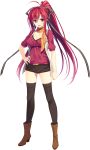  1girl absurdres black_legwear boots hand_on_hip highres juukishi_cutie_bullet long_hair looking_at_viewer minami_mayu open_mouth ponytail red_eyes redhead scarf shorts simple_background smile solo standing very_long_hair white_background yuuki_hagure 