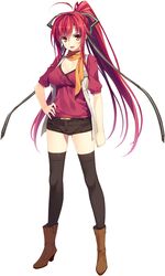  1girl absurdres black_legwear boots hand_on_hip highres juukishi_cutie_bullet long_hair looking_at_viewer minami_mayu open_mouth ponytail red_eyes redhead scarf shorts simple_background smile solo standing very_long_hair white_background yuuki_hagure 