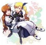  2girls :d arm_around_neck blonde_hair bodysuit breasts brown_hair carrying cleavage fingerless_gloves floral_background gauntlets gloves green_eyes hair_ribbon heterochromia highres large_breasts long_hair looking_at_viewer lyrical_nanoha magical_girl mahou_shoujo_lyrical_nanoha_vivid mother_and_daughter multiple_girls nagashiro_rouge open_mouth princess_carry puffy_sleeves red_eyes ribbon shiny shiny_clothes shiny_hair side_ponytail skin_tight skirt smile takamachi_nanoha violet_eyes vivio 