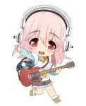  1girl blush breasts chibi electric_guitar guitar headphones instrument large_breasts long_hair looking_at_viewer nendoroid nitroplus open_mouth pink_hair pom_pom_(clothes) red_eyes smile solo super_sonico tsuji_santa 