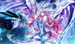  1girl armor bare_shoulders dance_princess_of_the_nekroz detached_sleeves dragon_tail dragon_wings duel_monster gishki_emilia headgear highres ice kanaria_(fuusenkazura) long_hair looking_at_viewer nekroz_of_gungnir pink_eyes redhead sitting solo staff tail very_long_hair wings yokozuwari yuu-gi-ou 