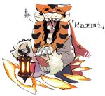  1girl :d bangs fire fur_trim hair_between_eyes holding indivisible lantern long_hair long_sleeves open_mouth pale_skin pelt razmi_(indivisible) shazhiqiao simple_background smile solo tiger tiger_pelt white_background 