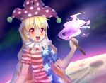  1girl :d american_flag_shirt blonde_hair blush clownpiece hat highres jester_cap long_hair moon open_mouth putchin red_eyes sky smile solo star_(sky) starry_sky torch touhou 