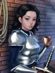  1girl belt black_eyes black_hair brick_wall chain cup gohpot highres long_hair looking_at_viewer original plate_armor rope scar solo sword warrior weapon 
