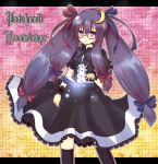  1girl alternate_costume alternate_hairstyle bespectacled book character_name crescent floating glasses gothic_lolita lolita_fashion long_hair no_hat no_headwear patchouli_knowledge purple_eyes purple_hair solo thigh-highs thighhighs touhou twintails uranaishi_(miraura) violet_eyes wrist_cuffs 
