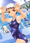  competition_swimsuit highres one-piece_swimsuit original pool shinama short_hair starting_block swimsuit tan tanline 