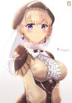  1girl artist_name blonde_hair blue_eyes breasts chinchongcha closed_mouth earrings fire_emblem fire_emblem:_three_houses hat highres jewelry long_sleeves mercedes_von_martritz short_hair simple_background smile solo upper_body veil 