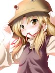  bad_id blonde_hair blush close-up flat_chest hand_on_hat hat highres looking_down moriya_suwako mouth_hold ribbon_in_mouth solo touhou yellow_eyes 