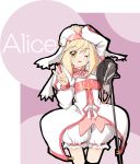  alice_(tales_of_symphonia_kor) blonde_hair character_name haru_(arser_doil) hat microphone microphone_stand purple_background smile tales_of_(series) tales_of_symphonia tales_of_symphonia_knight_of_ratatosk title_drop wink yellow_eyes 