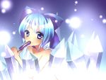  bad_id bare_shoulders blue_eyes blue_hair bow cirno food hair_bow ice imokototaisi nude popsicle short_hair solo touhou 