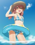  :d brown_hair from_below hand_on_hat hat innertube mattaku_mosuke open_mouth original sky smile solo standing straw_hat swimsuit wading water yellow_eyes 