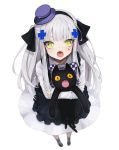  1girl alternate_costume animal ankkoyom bangs black_cat blush bow bowtie cat checkered checkered_neckwear commentary_request dress eyebrows_visible_through_hair facial_mark fangs frills from_above girls_frontline green_eyes hat highres hk416_(girls_frontline) holding holding_cat long_hair looking_at_viewer mini_hat mini_top_hat open_mouth silver_hair simple_background teardrop top_hat 