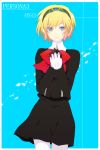  android blonde_hair blue_eyes harano headphones highres persona persona_3 ribbon school_uniform short_hair skirt smile solo 