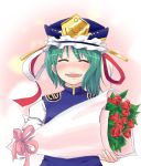 blush bouquet closed_eyes flower green_hair hat kari_(karinimooreha) shikieiki_yamaxanadu short_hair solo touhou 