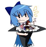  :t blue_hair bow candy chibi cirno cookie eating food hair_bow hat hat_basket short_hair simple_background solo sugina_fujitaka touhou wavy_mouth witch_hat ⑨ 