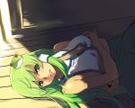  green_hair hair_ornament kfc kochiya_sanae lying on_back solo touhou yuu_(kfc) 
