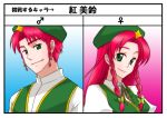  dual_persona genderswap green_eyes hat hong_meiling long_hair megumiya red_hair redhead short_hair touhou twin_braids 