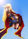  alien belt blonde_hair cape dc_comics ethird flying glare glaring hair_ornament hairclip kryptonian long_hair long_sleeves midriff miniskirt s_shield skirt skirt_lift skirt_pull supergirl superman_(series) 