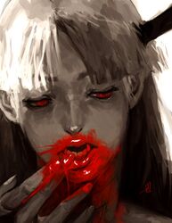  1girl blood darkstalkers demon_girl drigzabrot face fangs fingerless_gloves fingernails gloves hands lips long_fingernails monochrome morrigan_aensland red_eyes solo spot_color succubus vampire vampire_(game) 