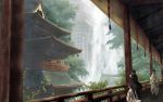  highres japanese_clothes miko ninja nyohoho original pagoda scenery temple wallpaper water waterfall 