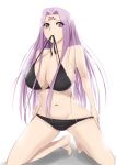  bikini breasts dress erect_nipples fate/stay_night fate_(series) huge_breasts long_hair mound_of_venus mouth_hold purple_eyes purple_hair rider solo swimsuit teapo_(pixiv81696) tipo_(tipoplaza) 