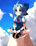  1girl blue_eyes blue_hair blush bow cirno cloud clouds hair_bow mary_janes popsicle ribbon shin_(new) shoes short_hair sitting sky solo touhou wings 
