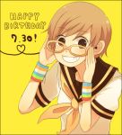  brown_hair fukushima glasses grin heart heart_of_string persona persona_4 satonaka_chie school_uniform serafuku short_hair smile tomboy wristband 