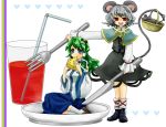 animal_ears basket blue_eyes cheese detached_sleeves drink eating fork frog girl_on_a_plate green_hair grey_hair holding holding_fork knife kochiya_sanae long_hair minigirl mouse mouse_ears mouse_tail multiple_girls nazrin oversized_object plate red_eyes short_hair snake straw tail takeko touhou 
