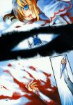  bad_end blonde_hair blood blue_eyes blue_hair cat.lqe catlqe comic death hair_over_one_eye hat highres ice letty_whiterock lily_white scan short_hair silent_comic touhou violence 