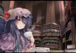  book bookshelf bow crescent cup hat library long_hair nejime patchouli_knowledge purple_hair solo touhou voile 