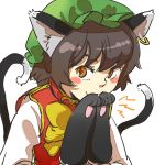  blush_stickers brown_eyes brown_hair cat_ears cat_tail chen earrings hat jewelry multiple_tails paws short_hair tail touhou yukataro 