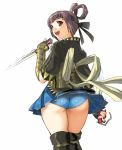  ass bandana blue_panties bow dr.p dual_wielding from_behind gensou_suikoden gensou_suikoden_v knife large_bow looking_back miakis miniskirt open_mouth panties purple_hair red_eyes short_hair simple_background skirt skirt_flip smile solo suikoden_v thighs underwear upskirt weapon white_background 