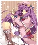  1girl bad_id boots bow crescent cross-laced_footwear hair_bow hat knee_boots lace-up_boots long_hair masaru.jp patchouli_knowledge purple_eyes purple_hair solo touhou very_long_hair 