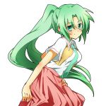  green_hair higurashi_no_naku_koro_ni long_hair ponytail shacttainw simple_background sonozaki_mion 