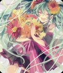  1girl detached_sleeves flower green_hair hair_flower hair_ornament hatsune_miku jikei long_hair open_mouth skirt solo thigh-highs very_long_hair vocaloid 