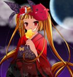  bat blazblue fog gii hair_ribbon japanese_clothes jewelry kimono long_hair moon rachel_alucard red_eyes ribbon shii_(pixiv) 
